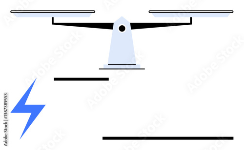 Balanced scale alongside lightning bolt symbolizes fairness, power dynamics, and ethical choices. Ideal for law, justice, decision making, energy, equality, ethics and balance in responsibility