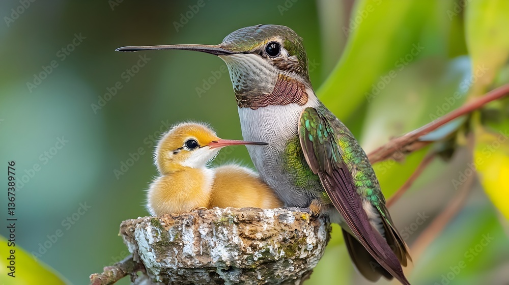 Obraz premium A mother hummingbird tenderly watches over her fluffy yellow chick led in a mossy on a branch.