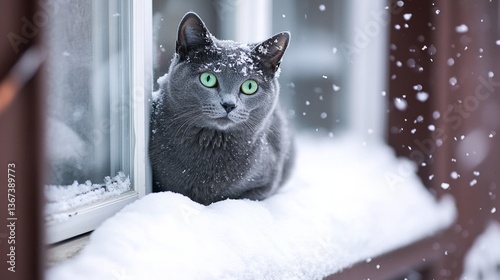 Russion Blue Cat in Winter Snow photo