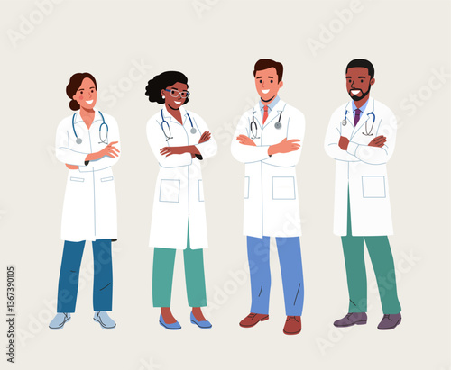 Doctors men and women crossed their arms isolated. Full body. Vector flat style cartoon illustration. Vector flat style cartoon illustration