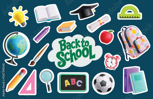 School educational outline icons clipart set. Back to school text with stationery elements like bag, book, ruler, ball and mortar board sticker collection vector illustration. 
