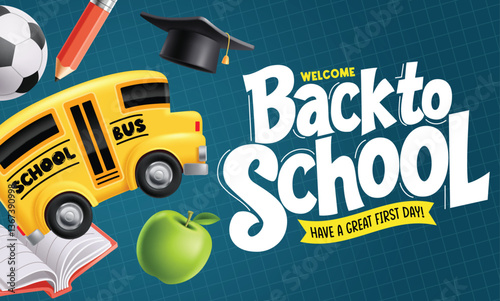 Welcome back to school clipart template. School greeting text educational clip art design with bus, book, apple, mortar board and ball elements in grid blue background vector illustration. 

