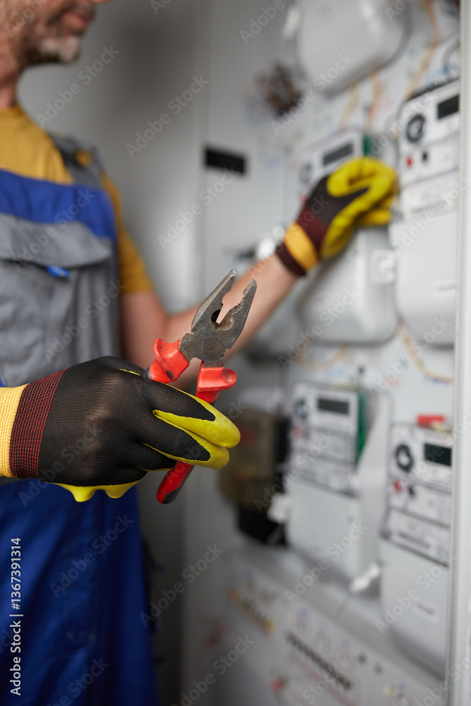 Technician working on a modern electricity power meter station i