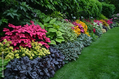 A border that alternates between flowering plants and lush green shrubs