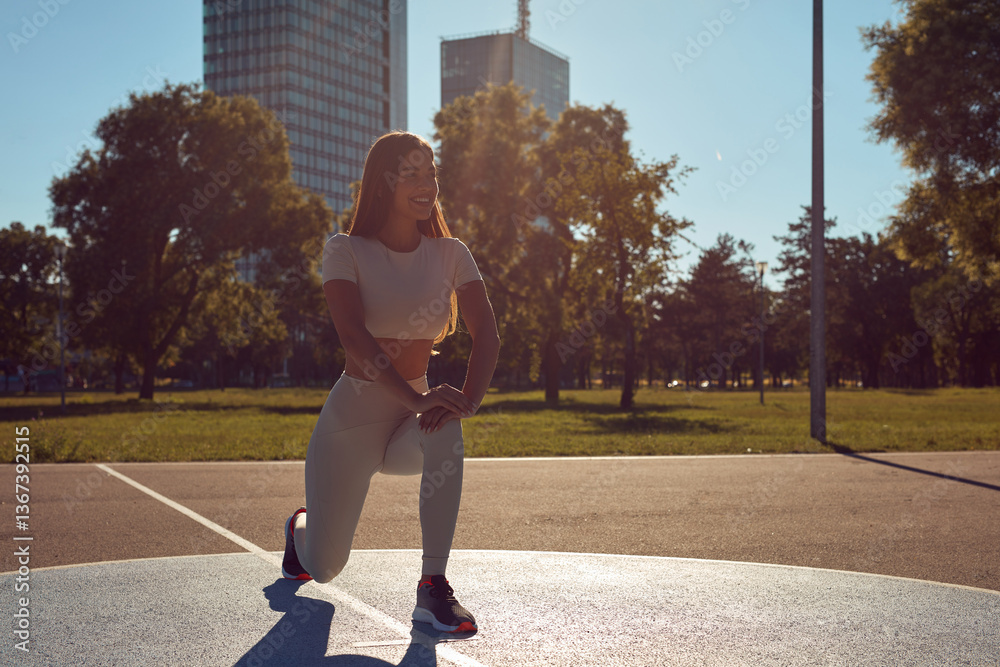 Young woman stretching after exercise and jogging in urban park