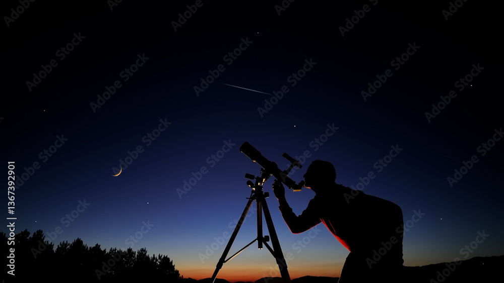 Amateur astronomer looking at the evening skies, observing plane