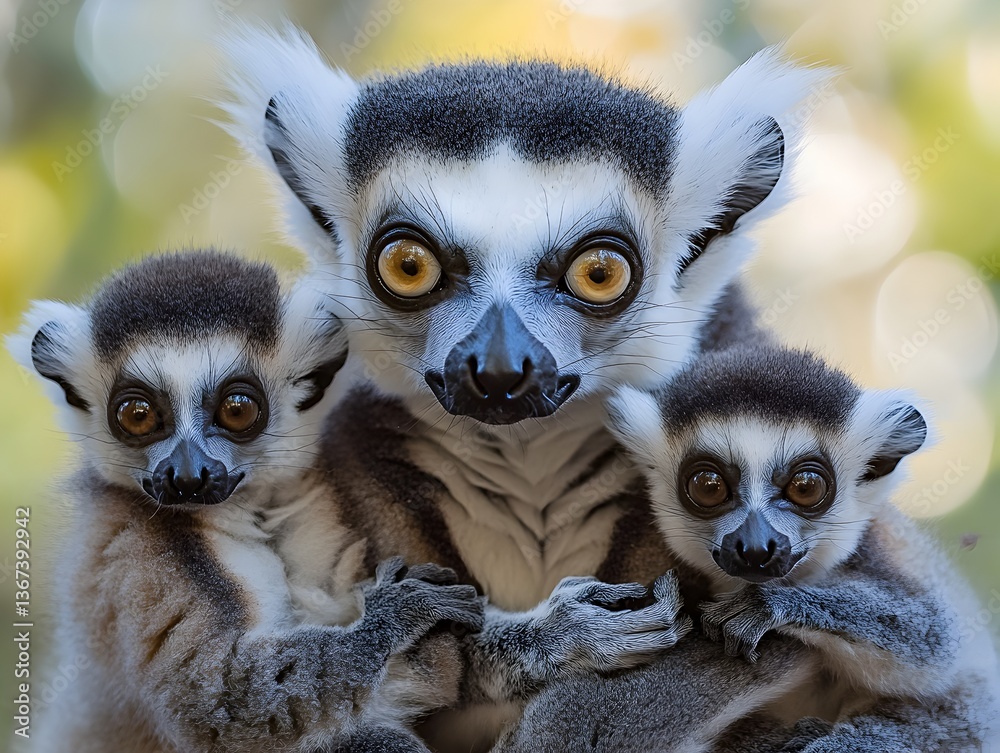 Fototapeta premium A -tailed lemur family portrait shows an adult and two adorable babies closely huddled together in a heartwarming scene.