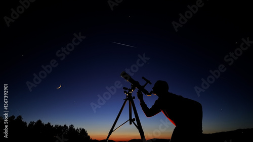 Obraz na płótnie Amateur astronomer looking at the evening skies, observing plane w salonie
