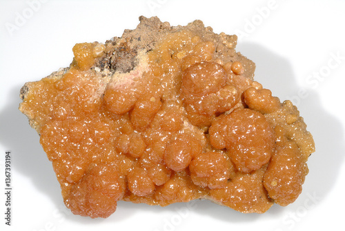 фотографія Mineral Mimetite, Varient Campylite, Lusterous orange mimetite crystal covering surface of 'egg shell' matrix, Bunker Hill mine, Kellogg, Shoshone Co