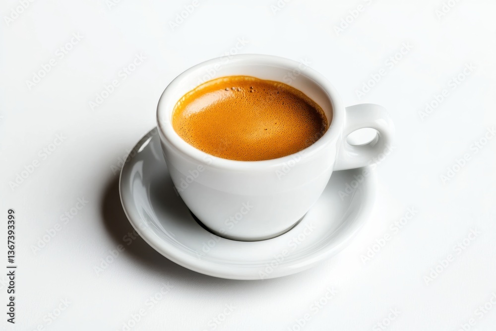 A freshly brewed espresso served in a classic white cup on a minimalist table isolated on transparent background A freshly brewed espresso served in a classic white cup on a minimalist table isolated on transparent background