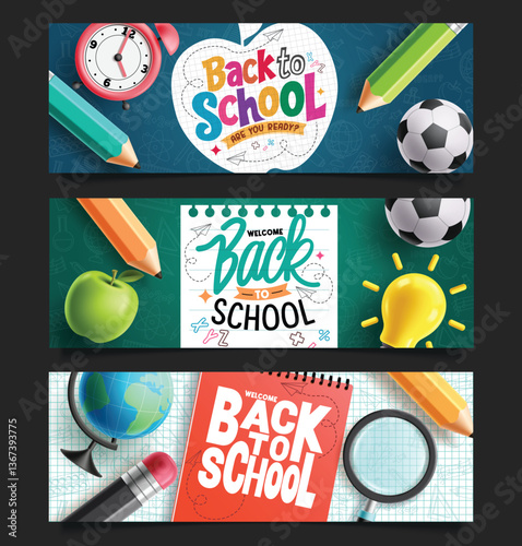 Welcome back to school clipart banner set. Back to school greeting text with notebook, clock, color pencil and ball educational poster clip art collection vector illustration. 
