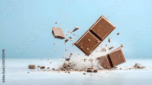 Dramatic high speed capture of two chocolate bars breaking apart on forceful impact showcasing the shattered texture fragmented pieces and intense energy of the collision