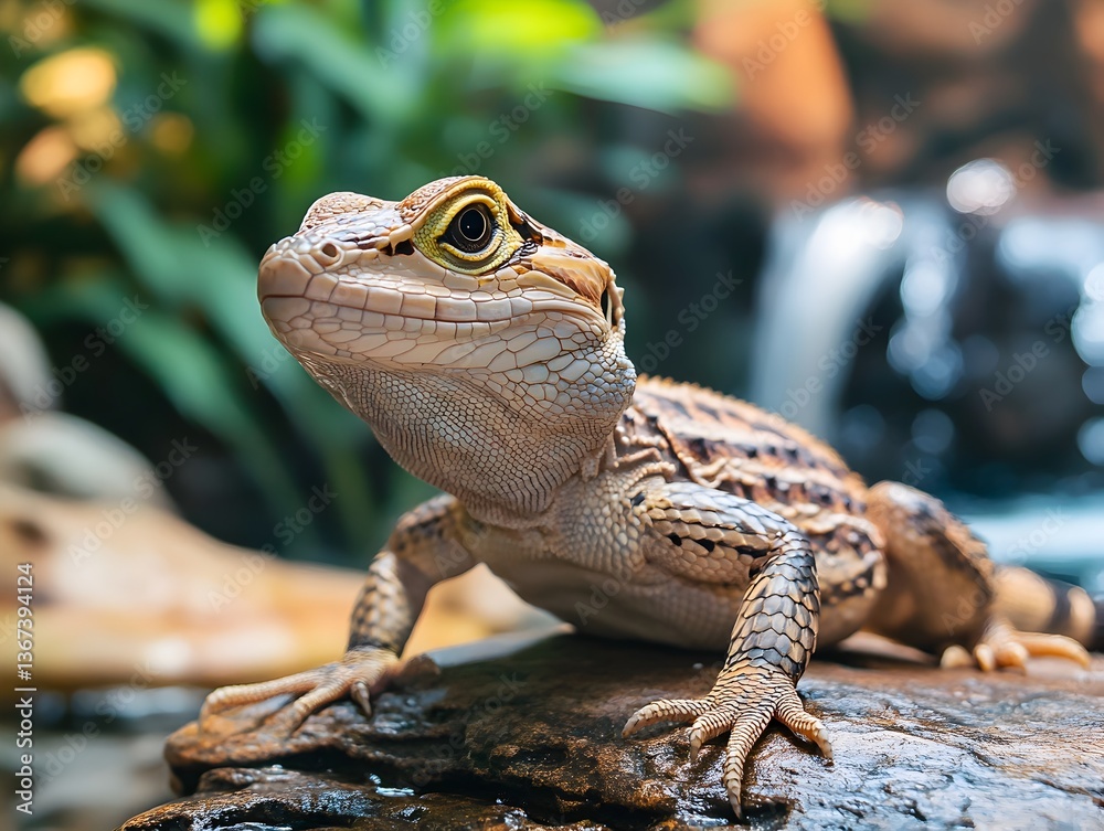 A close-up shot of a small, light brown lizard perched on a rock near a small waterfall, looking upward with curious expression. A close-up shot of a small, light brown lizard perched on a rock near a small waterfall, looking upward with curious expression.
