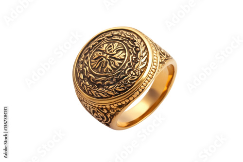 Elegant gold signet ring with intricate floral design on a white background isolated on transparent background