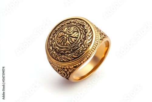 Elegant gold signet ring with intricate floral design on a white background isolated on transparent background