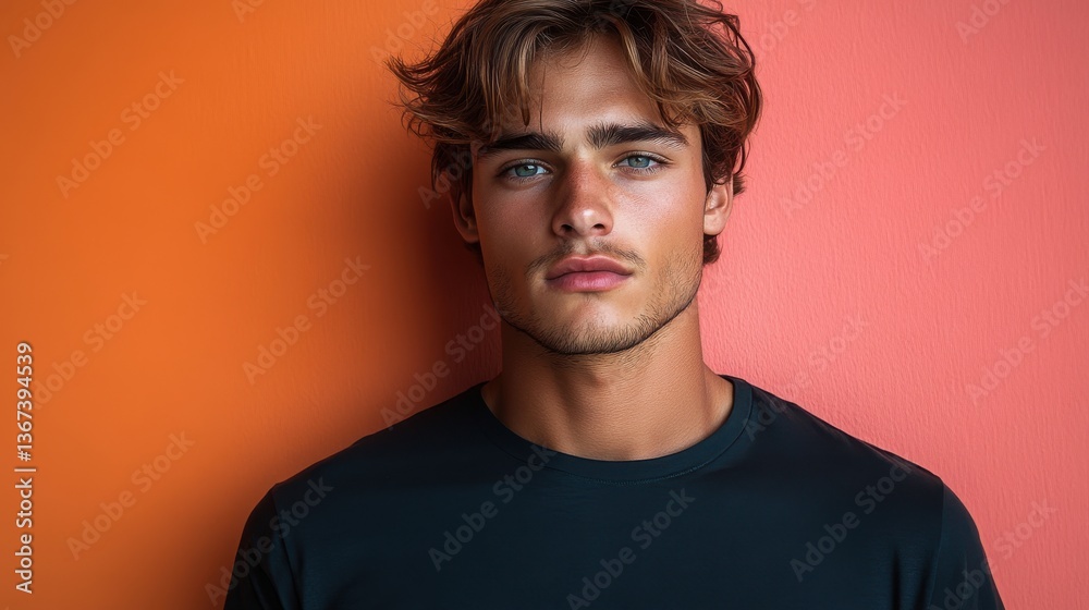 Obraz premium plain black t shirt mockup male model front view colorful background banner