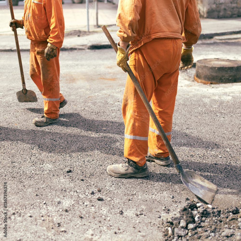 Construction worker working on a public city road reconstruction