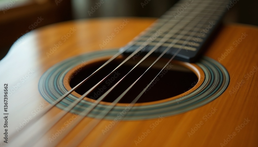 Close-up of an acoustic guitar showcasing strings and body details in natural light.
Close-up of an acoustic guitar showcasing strings and body details in natural light.