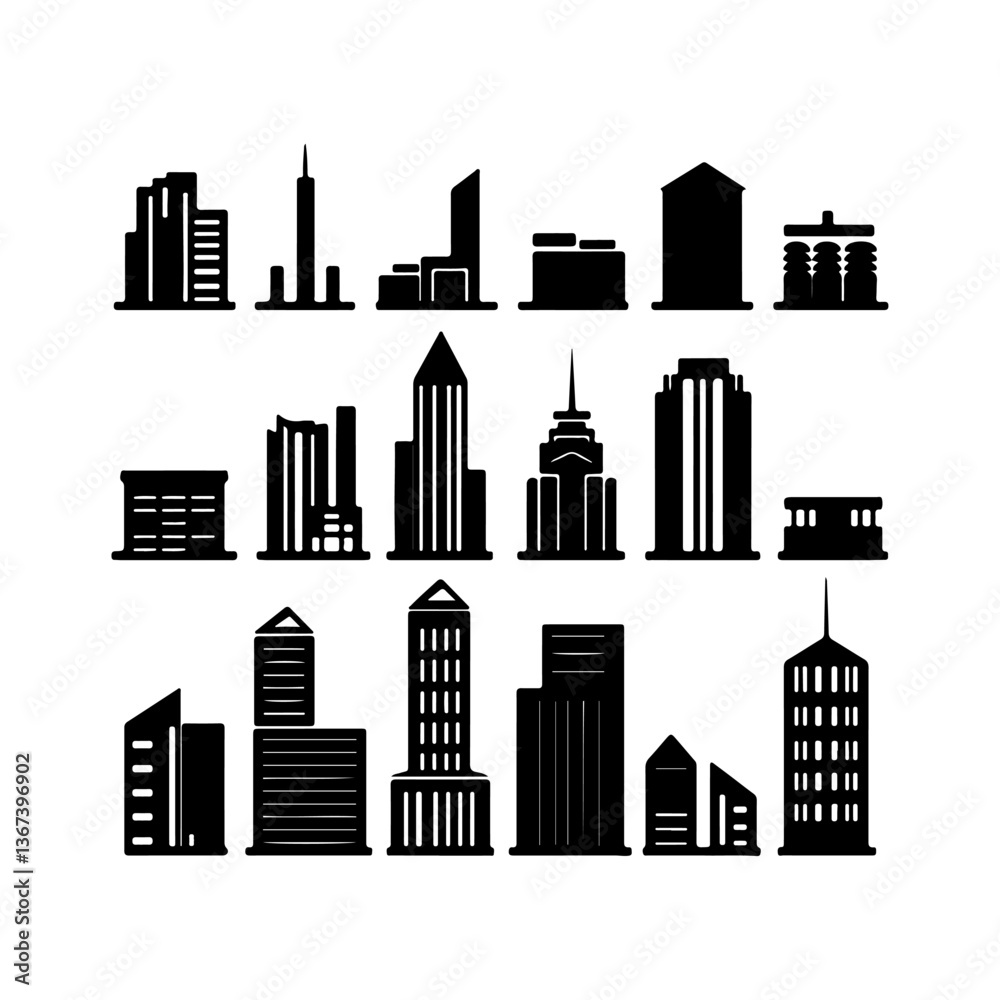 Fototapeta premium Metropolitan Skyscraper Silhouette set items