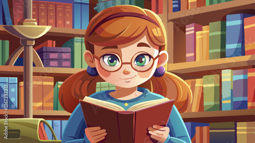 Closeup America girl reading text book in library.