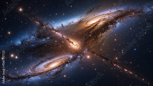 Two galaxies colliding in deep space, their cosmic dance unleashing massive bursts of energy, sending cosmic debris flying in all directions and distorting gravitational waves. 