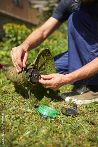 Obraz na płótnie Gardener with a grass trimmer cutting overgrown grass and weeds w salonie