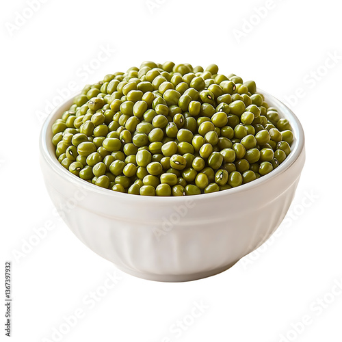 White bowl filled with a mound of uncooked mung beans is shown against isolated PNG background
