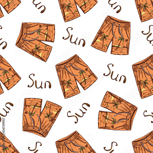 Seamless pattern with hand drawn beach shorts and palm print in hand drawn sketch vintage style