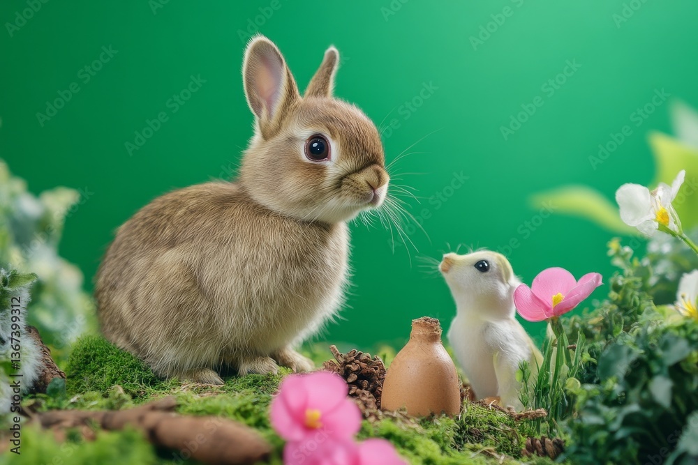 Fototapeta premium A cute bunny shares space with a small avian figurine