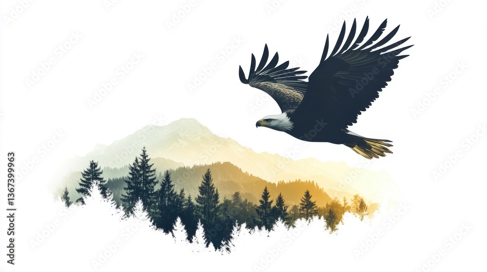 Naklejka premium Majestic Eagle Soaring Over a Mountain Forest at Sunrise