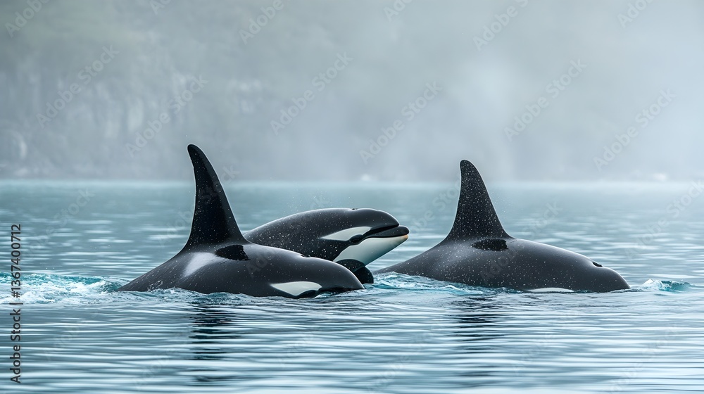 Fototapeta premium Three majestic orcas swim together in a misty ocean bay showcasing their sleek black and white bodies and powerful fins.