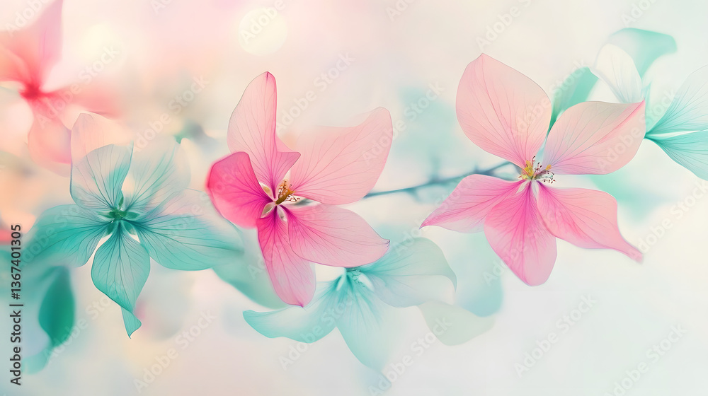 Fototapeta premium Spring abstract background. Featuring soft pinks, greens, and blues with floral patterns. Highlighting renewal, growth, and beauty.&nbsp;