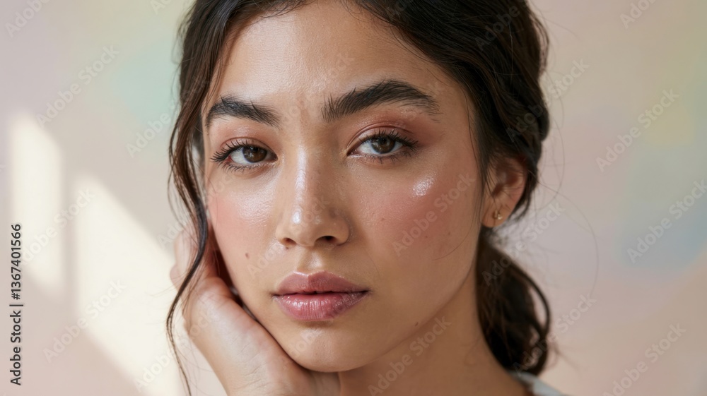 Naklejka premium A close-up photograph of a woman with a natural makeup look