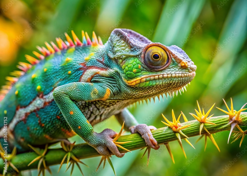 Obraz premium Chameleon Camouflage: Thorny Branch Masterpiece - Stunning Wildlife Stock Photo