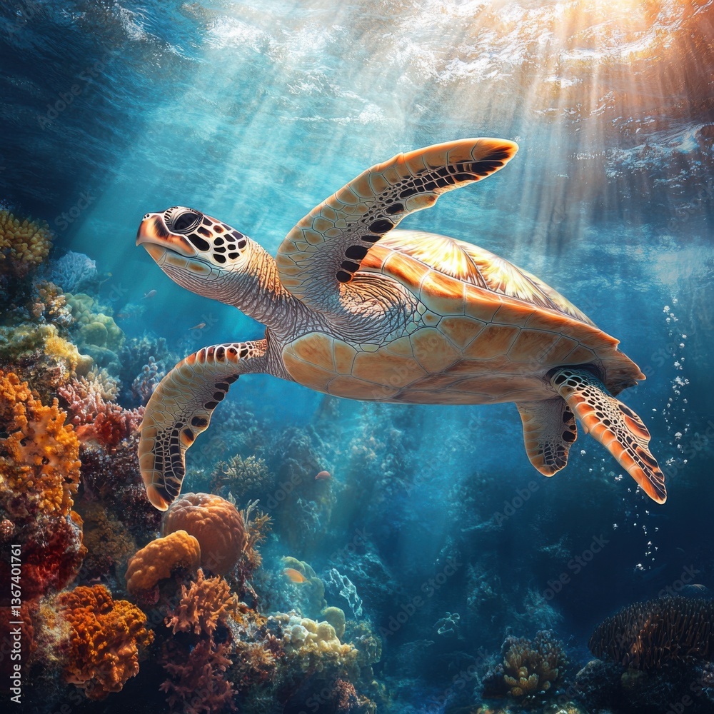 Obraz premium Sea Turtle Swimming in Vibrant Coral Reef Under Sunlit Ocean Water