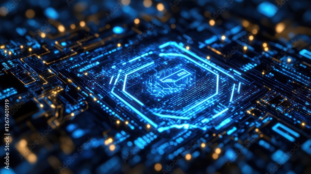 Glowing blue CPU on a circuit board.