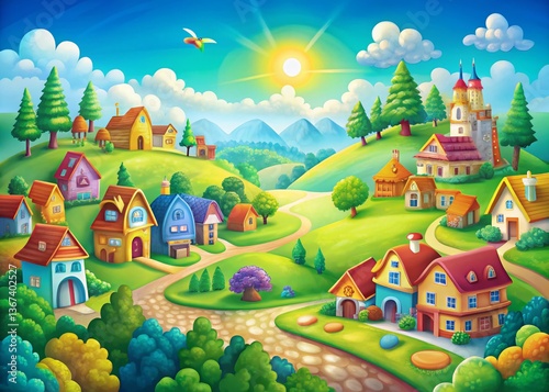 Charming Cartoon Townscape: Left-Aligned Illustration with Copy Space