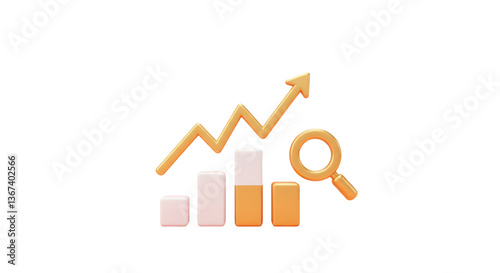 Isolated bar graph with magnifying glass for data analysis
