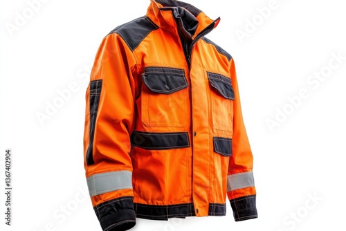 Bright orange safety jacket designed for visibility in outdoor work environments isolated on transparent background