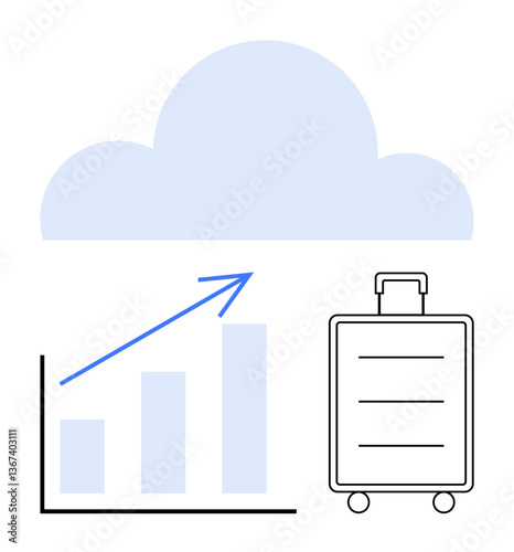 Cloud with bar graph and suitcase emphasizing growth, data synchronization, and global mobility. Ideal for technology, business analytics, travel, cloud storage, productivity, growth strategy global