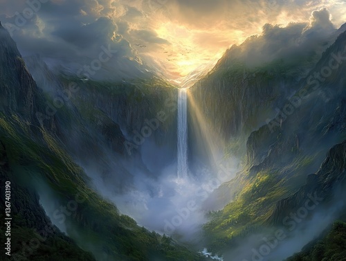 Majestic Waterfall in a Mountain Valley at Sunset