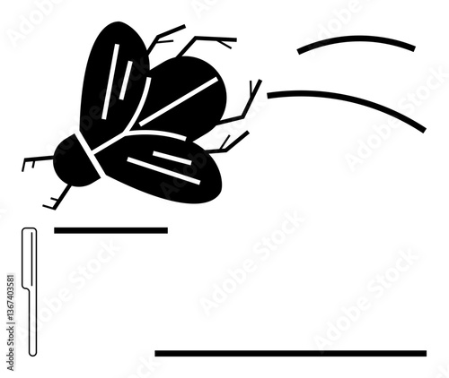 Stylized fly mid-flight dodging a swatter, represented with dynamic lines. Ideal for pest control, evasion, speed, reflex, agility, motion study, focus flat simple metaphor