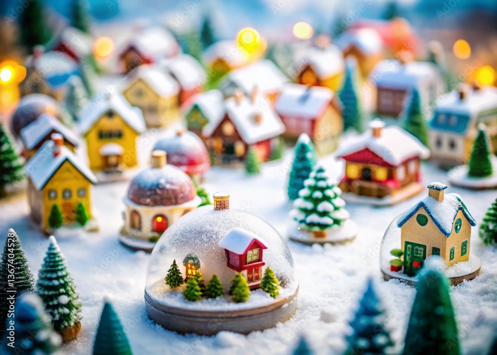 Fototapeta premium Charming Winter Village: Colorful Houses & Igloos, Tilt-Shift Photography