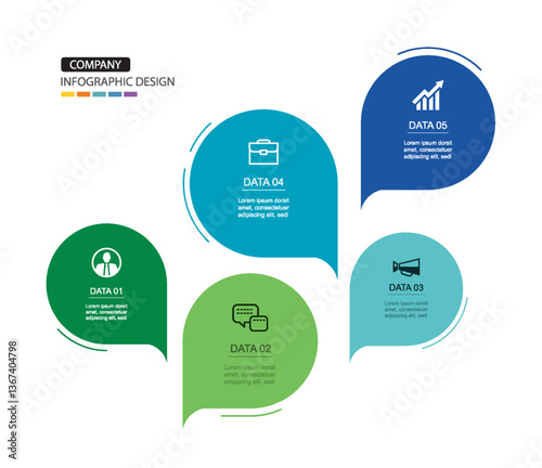 Infographics speech bubbles timeline with 5 number data template. Illustration abstract background.