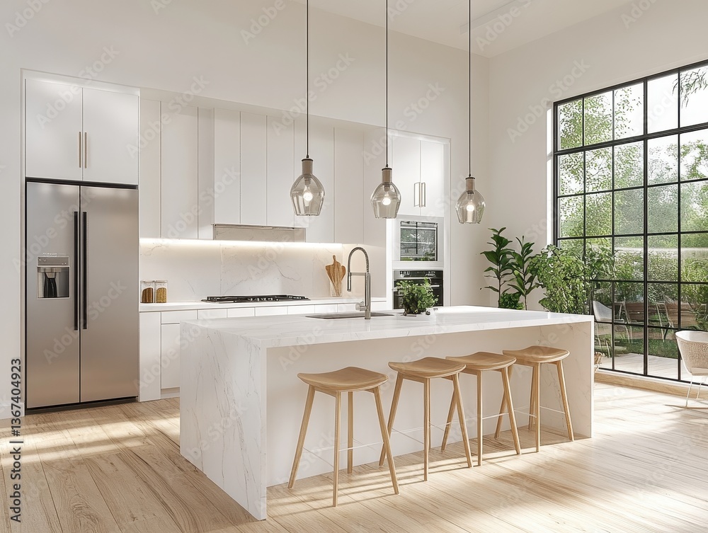 Fototapeta premium Modern Minimalist White Kitchen with Large Window and Island