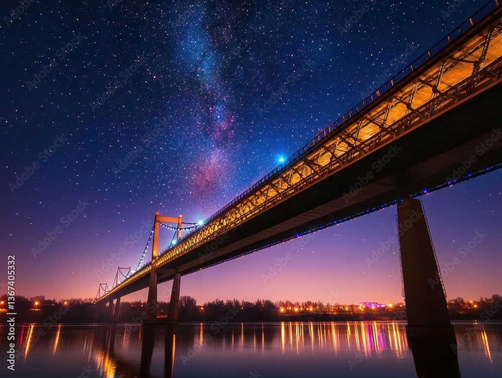 Fototapeta premium Night City Bridge Under Milky Way Starry Sky