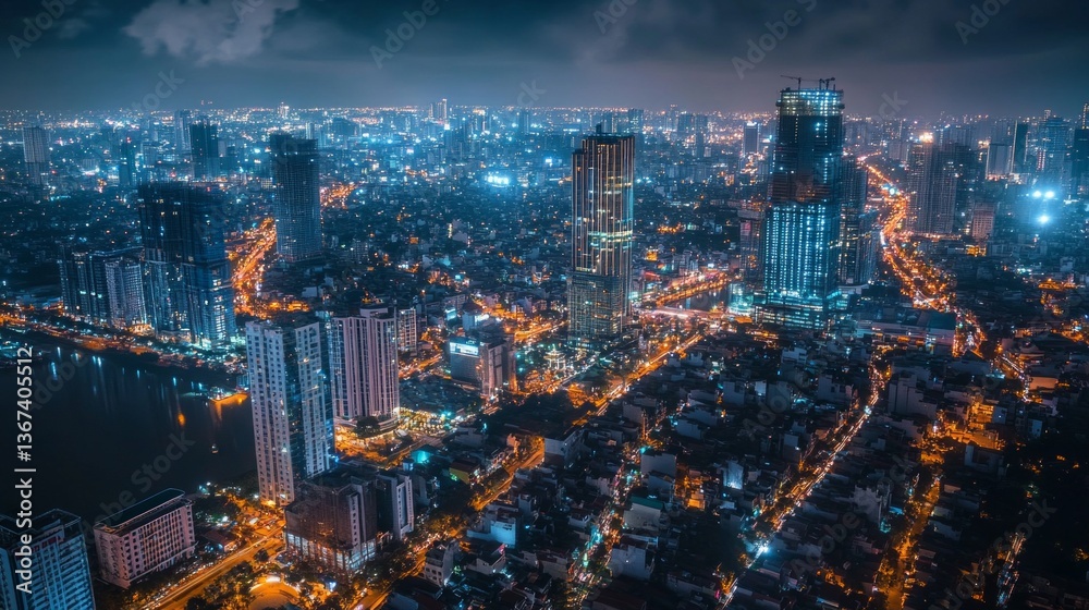 Fototapeta premium Nighttime cityscape exploration urban environment aerial view vibrant lights modern architecture