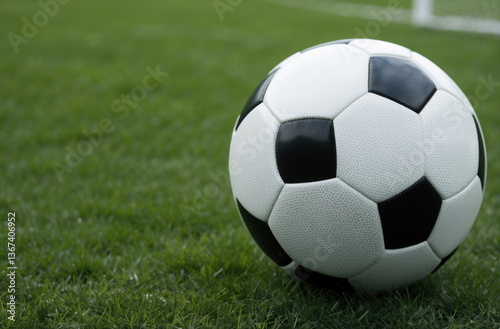 soccer ball resting on vibrant, lush green sports grass, creating a classic and energetic image of the game.