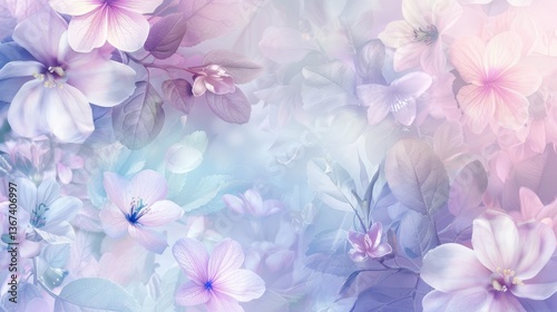 Multi-colored translucent leaves and pastel-colored flowers are superimposed on each other on a soft background, creating a delicate and airy visual effect. The concept of nature.