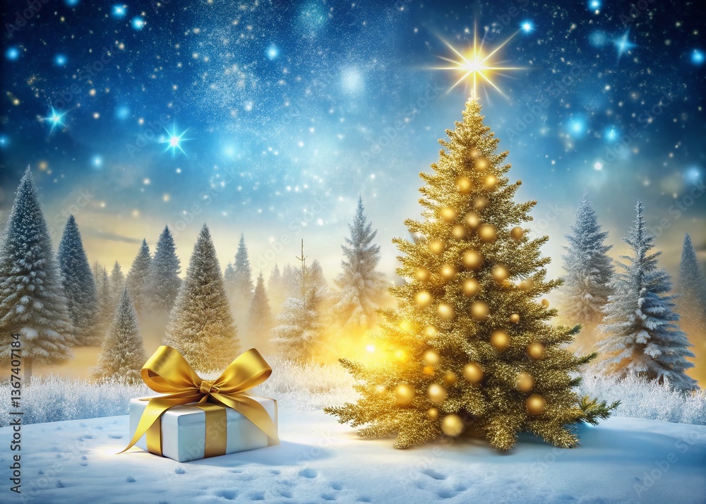 Obraz premium Christmas Gift Certificate Design: Gold Snowflake Tree Landscape